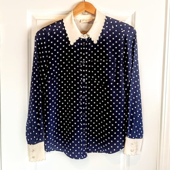 Tory Burch Navy Polka Dot Cream Scallop Silk Blouse - Picture 4 of 10